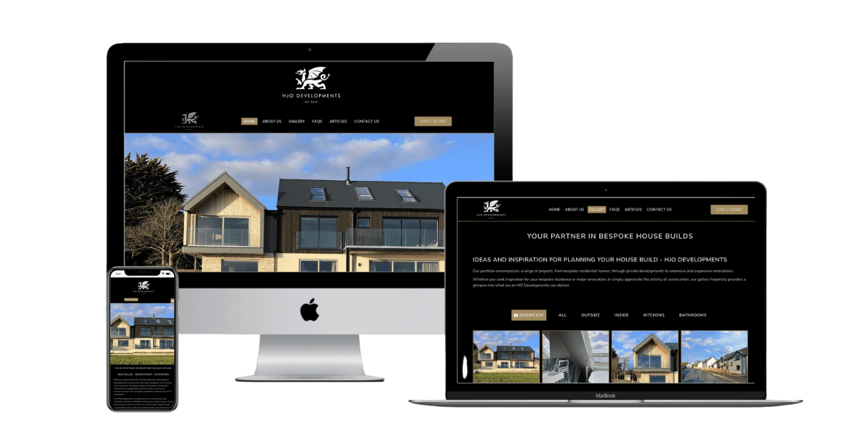 A mobile phone, desktop computer, and laptop display the same website for bespoke house builds, featuring images of modern houses and a black navigation bar with white text.