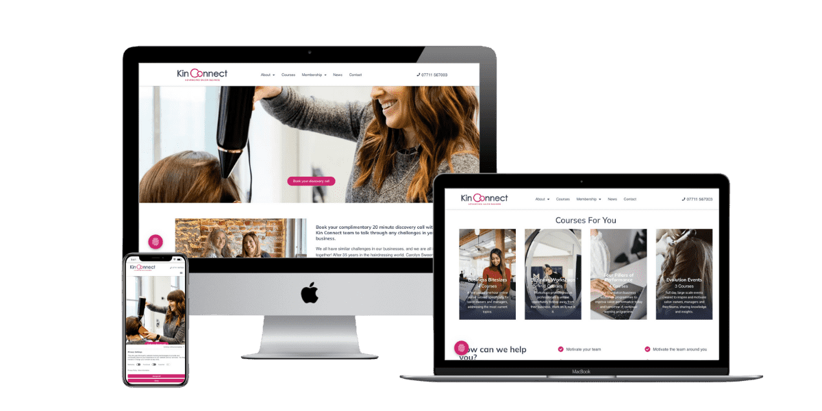 A mobile phone, an iMac, and a MacBook display the KinConnect website, showing images and text related to courses and hairdressing, illustrating the site’s appearance on multiple devices.
