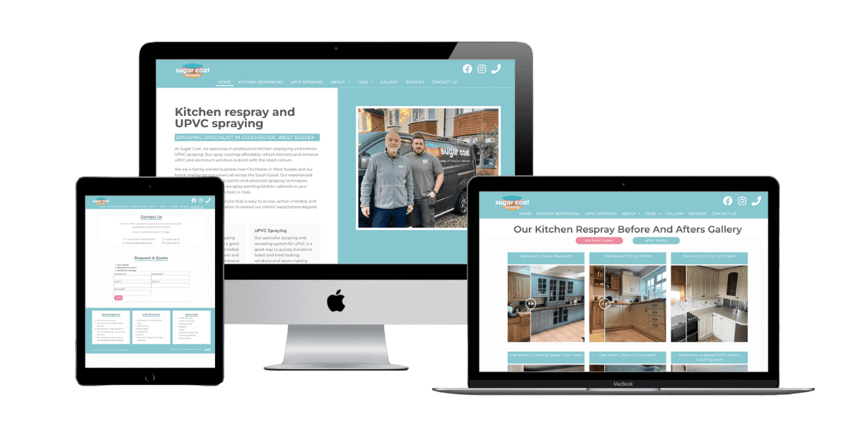 A website is shown on an iPad, an iMac, and a MacBook displaying a kitchen respray and uPVC spraying service with images of staff, a contact form, and a gallery of kitchen before-and-after photos.