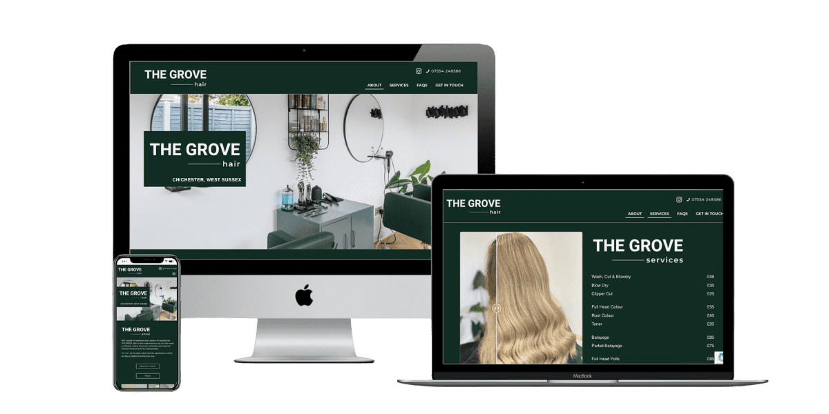 A phone, desktop, and laptop display a dark green website for "The Grove Hair Bar," showing sections for bookings, services, and salon images against a plain light background.