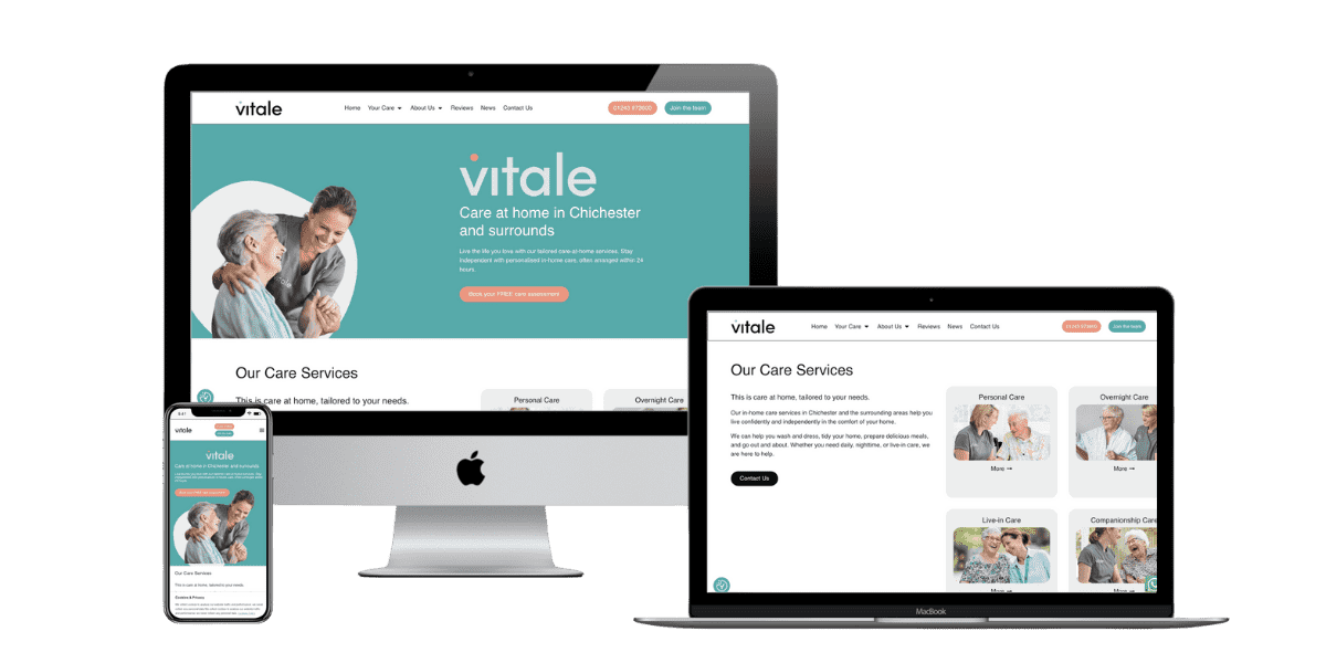 The image shows the Vitale care service website displayed on a smartphone, iMac, and MacBook. The site features a teal and white colour scheme, a logo, navigation menu, and sections about care services offered.