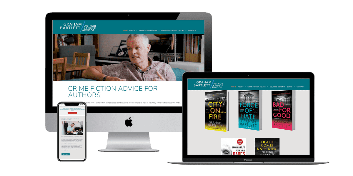 A computer monitor, laptop, and smartphone display a website for Graham Bartlett, an adviser for crime fiction authors. The site features Bartlett’s photo, book covers, and navigation menus.